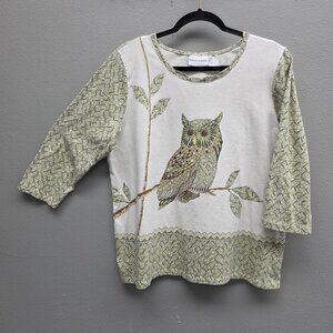 Alfred Dunner Shirt Womens Large Green Owl Geometric Rhinestone 3/4 Sleeve Top